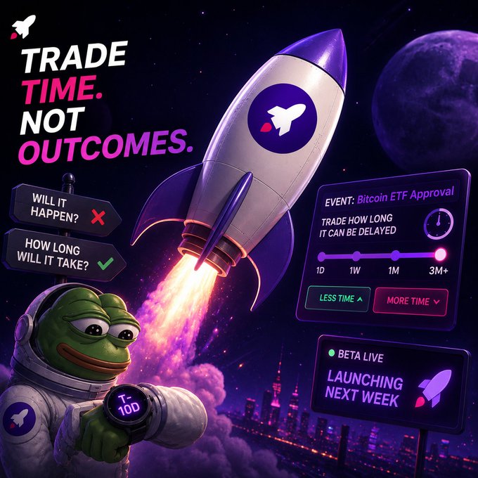 A promotional graphic with the tagline "TRADE TIME. NOT OUTCOMES." featuring a rocket, the Pepe the Frog mascot in a spacesuit, and panels showing "EVENT: Bitcoin ETF Approval" with a betting slider for delay timing.
