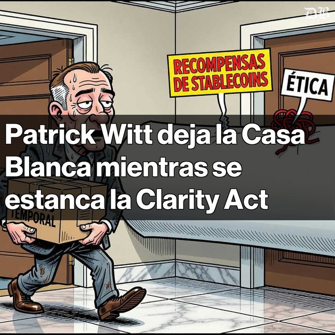 A political cartoon illustration showing a sweating man carrying a "TEMPORAL" box past a desk, with speech bubbles "RECOMPENSAS DE STABLECOINS" and "ÉTICA", and headline "Patrick Witt deja la Casa Blanca mientras se estanca la Clarity Act".