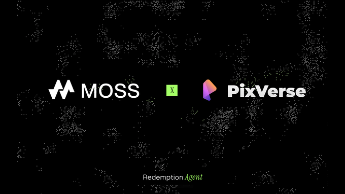 A promotional graphic on a black background with a dotted world map, announcing a partnership between 'MOSS' and 'PixVerse' with 'Redemption Agent' text at the bottom.