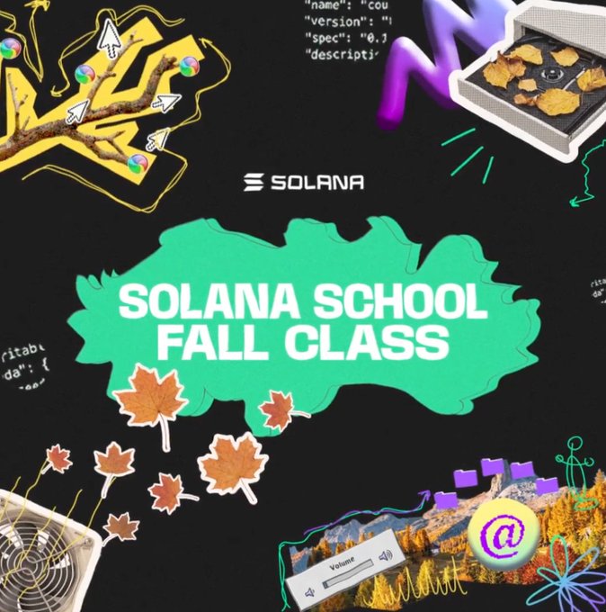 This image is an announcement for the Solana School Fall Class, featuring the text "SOLANA SCHOOL FALL CLASS" and the Solana logo. The image visually incorporates autumn leaves and various digital icons, relating to the idea of a "fall class" and the digital nature of Solana.