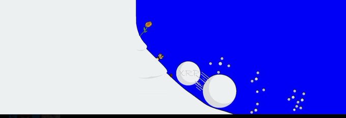 A minimalist graphic showing white and blue curved sections with a few small orange flowers, two circular 'XRT' logos, and scattered dots, resembling an animation frame or minimalist illustration.