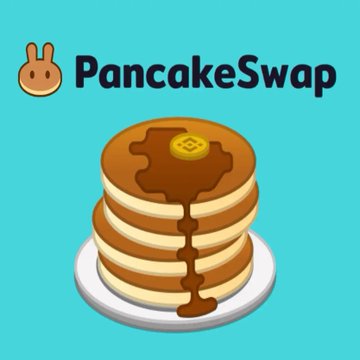 The PancakeSwap logo featuring a bunny mascot and a stack of pancakes with syrup on a turquoise background.