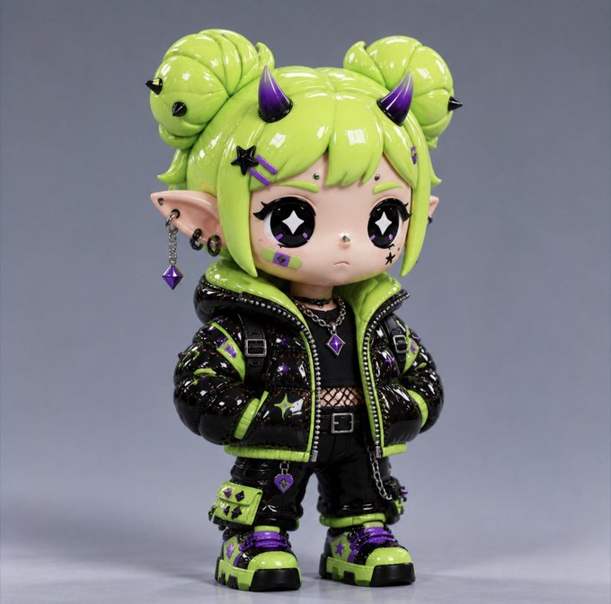 A 3D-rendered chibi-style character figure with neon green twin buns hair, purple horns, star-patterned eyes, wearing a black puffer jacket with green trim and platform boots.