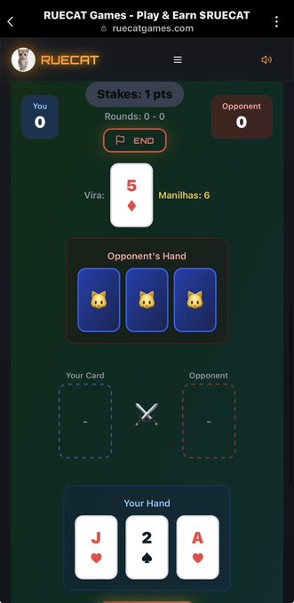 A screenshot from the RUECAT Games platform on ruecatgames.com showing a Truco card game in progress, with the player holding a Jack of Hearts, 2 of Spades, and Ace of Hearts, while the "Vira" card displayed is the 5 of Diamonds.