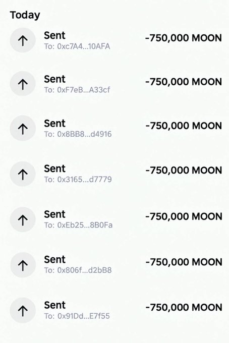 A transaction history showing seven "Sent" transactions, each for -750,000 MOON, to various addresses starting with 0x.