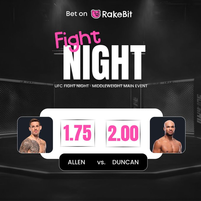 A promotional graphic for a 'Fight Night' UFC Middleweight Main Event on RakeBit, showing betting odds of 1.75 for Allen and 2.00 for Duncan.