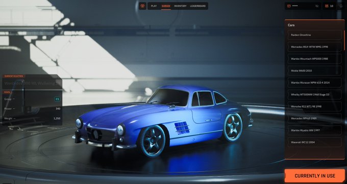 A car selection screen from a racing video game displaying a blue classic sports car, with a menu listing options like 'Kadett Grasser', 'Mercedes 300', and 'Warrior Mustang' on the right side.