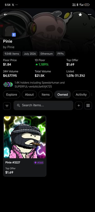 A mobile app screenshot of an NFT collection called 'Pinie' by Pinie, showing 9,548 items on the Ethereum blockchain with a floor price of 1.84 ETH and 1D floor change of 1.189%, featuring a character wearing a beanie.