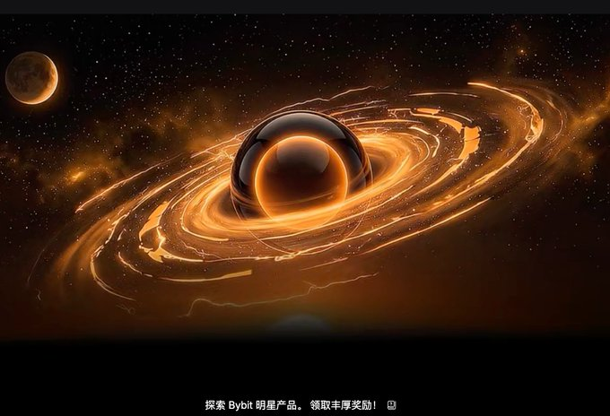 A glowing black hole with swirling orange accretion rings dominates a starry cosmic scene, with a small moon visible in the upper left. Chinese text at the bottom reads "探索 Bybit 明星产品。领取丰厚奖励！" (Explore Bybit's star products. Claim generous rewards!), tying the celestial imagery to Bybit Galaxy—the crypto platform's points/rewards event the user is reluctantly engaging with despite their usual skepticism toward such mechanics.