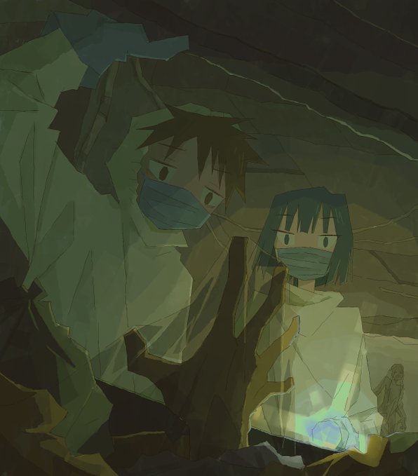 An anime-style digital illustration of two characters wearing medical masks and protective gowns, standing close together in a dark green-tinted environment.