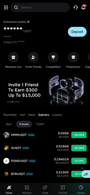 A cryptocurrency exchange app screenshot showing estimated assets in USDT, an 'Invite 1 Friend To Earn $300 Up To $15,000' promotion, and a futures market with gainers including HMMUSDT (+68.98%), 4USDT (+52.98%), PONSUSDT (+47.19%), and BTRUSDT (+31.17%).