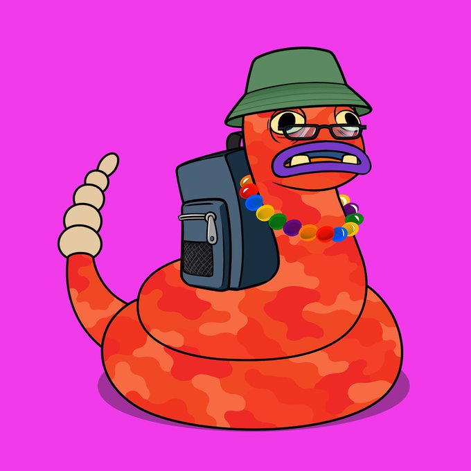 A cartoon illustration of a coiled red snake wearing a green bucket hat, sunglasses, a beaded necklace, and a blue backpack, set against a bright magenta background.