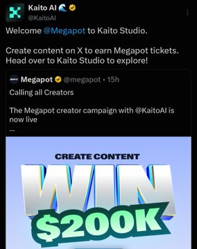 A Kaito AI post welcomes users to Kaito Studio, announcing a new Megapot creator campaign with $200K in prizes for content creators on X. The post highlights the shift in InfoFi, contrasting Galxe shutting down Starboard with Kaito AI launching its $200K incentive campaign via Megapot, suggesting the creator economy model is evolving rather than dying.