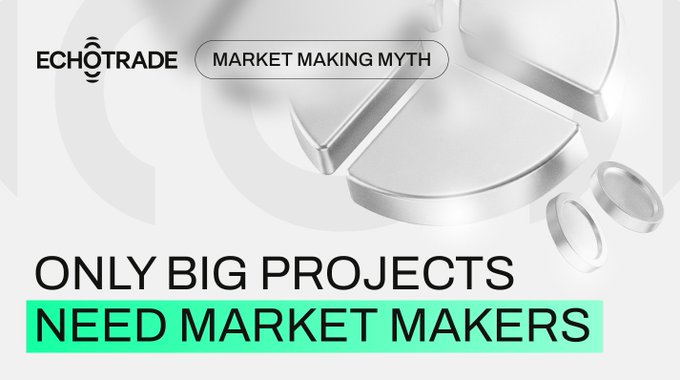 A sleek grayscale graphic featuring the EchoTrade logo and the headline "Market Making Myth" alongside a 3D megaphone illustration, with bold text reading "ONLY BIG PROJECTS NEED MARKET MAKERS" highlighted in mint green to emphasize the myth being debunked in the post.