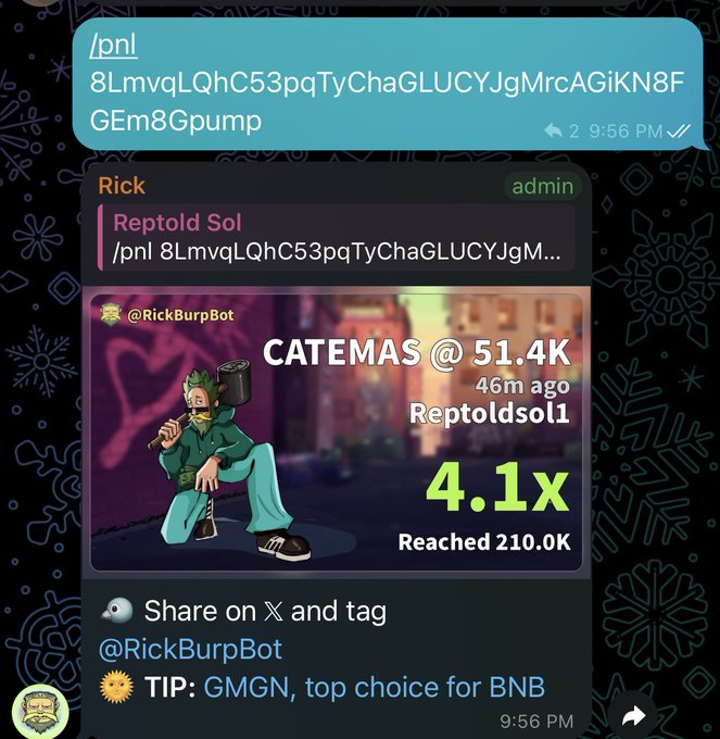 A Telegram message screenshot showing a cryptocurrency bot (@RickBurpBot) report for CATEMAS at 51.4K, with a 4.1x multiplier reached at 210.0K.
