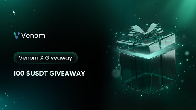 A promotional banner for a 'Venom X Giveaway' offering '100 $USDT GIVEAWAY', featuring a 3D glass gift box with a green ribbon against a dark teal background.