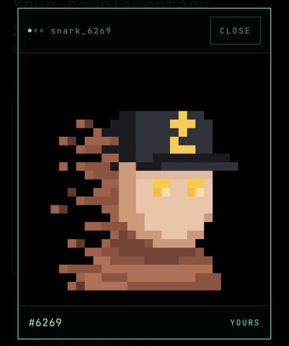 A pixel art profile picture of a character with a yellow 'E' on their black hat, appearing to dissolve into brown blocks, displayed in a profile UI with the username 'snark_6269'.