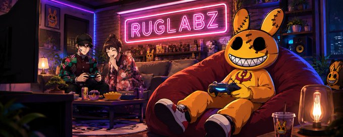 A neon-lit gaming room features a large yellow stitched rabbit character playing video games on a beanbag, with two anime-style figures sitting on a couch in the background and a bright pink "RUGLABZ" sign displayed prominently. The scene visually represents the post's emphasis on the RugLabz ecosystem, blending the casual gaming atmosphere with the project's branding to highlight its gaming, rewards, and NFT-driven community.