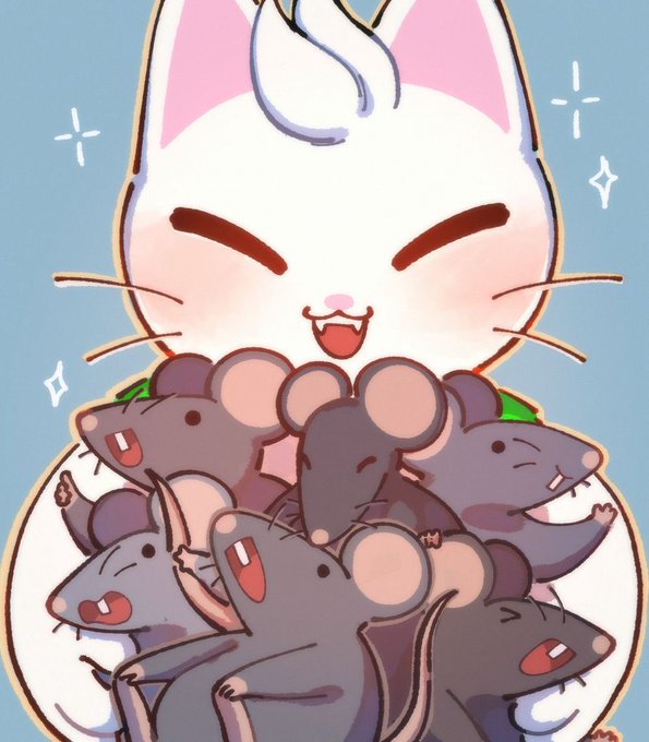 A cute cartoon illustration of a happy white cat with pink ears hugging a pile of smiling gray rats.