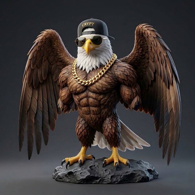 A 3D rendered anthropomorphic bald eagle figurine standing on a rock, wearing a black 'CRYPT' baseball cap, sunglasses, and a thick gold chain necklace, with muscular human-like arms and brown feathered wings spread open.