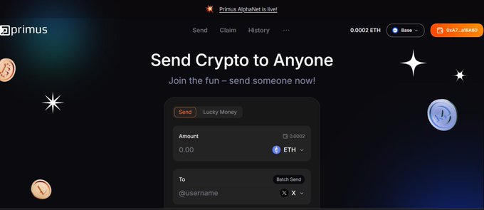 A dark crypto webpage branded “primus” says “Send Crypto to Anyone” and “Join the fun – send someone now!” with interface tabs including “Send,” “Lucky Money,” “Claim,” and “History,” plus an ETH amount selector.