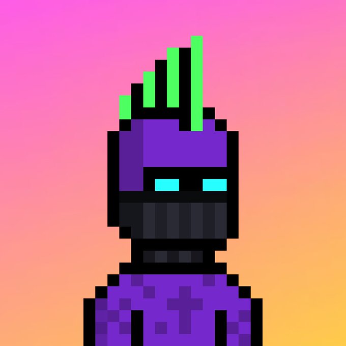 A pixel art character with a dark skull-like face featuring cyan glowing eyes, purple helmet with a green spiky mohawk, and purple armor, set against a pink-to-orange gradient background.