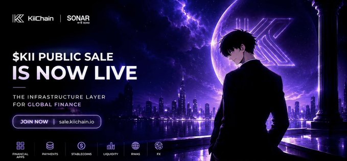 An advertisement for the '$KII PUBLIC SALE IS NOW LIVE' by KiiChain and Sonar, featuring anime-style artwork of a man in a suit against a purple futuristic cityscape, promoting it as 'THE INFRASTRUCTURE LAYER FOR GLOBAL FINANCE' at sale.kiichain.io.
