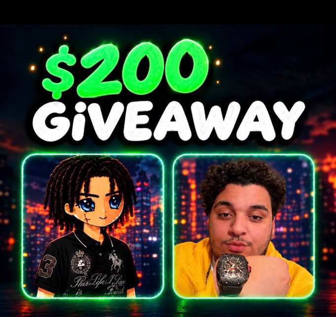 A $200 giveaway promotional graphic featuring a neon green title alongside split panels showing an anime-style avatar in a black polo shirt and a young man wearing a yellow hoodie and luxury watch. The image visually supports the accompanying post announcing a giveaway with options for multiple winners receiving $50 or $25 each.