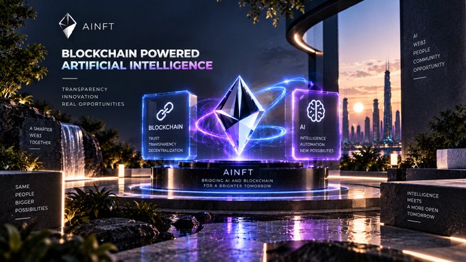 A promotional graphic for AINFT with the tagline 'BLOCKCHAIN POWERED ARTIFICIAL INTELLIGENCE,' showing a glowing Ethereum logo alongside 'BLOCKCHAIN' and 'AI' panels against a futuristic cityscape.