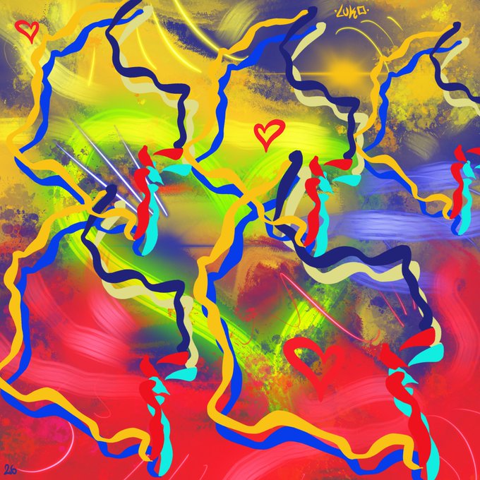 A vibrant abstract painting filled with flowing yellow and blue ribbons, scattered red hearts, and colorful brushstrokes on a multicolored background.