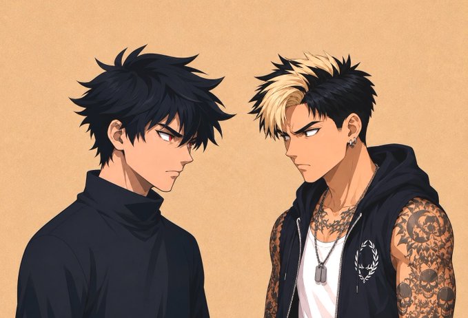 Anime-style illustration of two young men facing each other; the right one has blonde-streaked black hair and tattoos, while the left has dark hair.