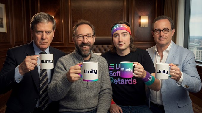 Stanley Druckenmiller (left) sits with three others holding "$Unity" branded mugs, with one person wearing a "UNITY" headband and a shirt reading "Unity Soft Retards," celebrating Unity Software ($U) as Druckenmiller holds his full position into Q2 per the post.