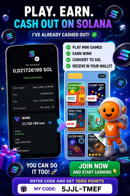 Promotional graphic for a Solana-based gaming app with 'PLAY. EARN. CASH OUT ON SOLANA' headline, showing 0.021726199 SOL received and a referral code '5JJL-TMEF'.