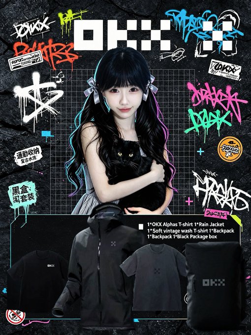 A promotional graphic for 'OKXX' merchandise featuring a young woman holding a black cat, with graffiti-style logos and showcasing t-shirts, a rain jacket, and a black backpack.