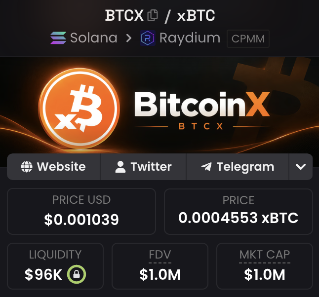 The image shows a token information panel for BitcoinX (BTCX) on the Solana network via Raydium (CPMM), displaying a price of $0.001039 USD / 0.0004553 xBTC, with liquidity of $96K and a market cap/FDV of $1.0M.

The image supports the post by visually confirming BTCX's current market metrics, which contextualize the author's suggestion that it is a "good spot to add" while cooling off, and highlights the token's modest $96K liquidity that underlies the leveraged Bitcoin exposure claim.