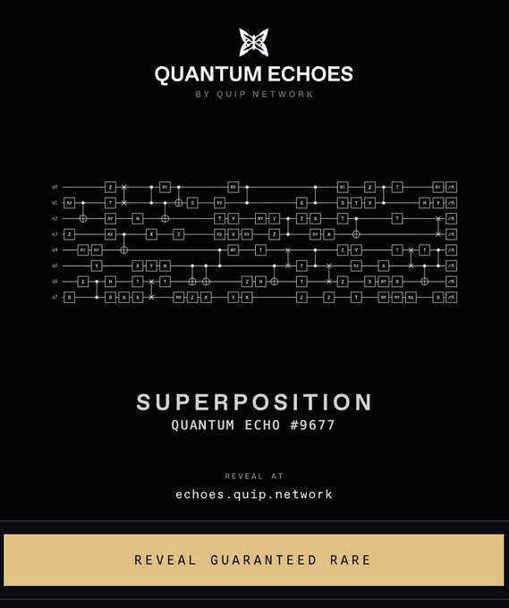 A promotional graphic for Quip Network's "Quantum Echoes" project featuring a black background with a white quantum circuit diagram, displaying the text "QUANTUM ECHOES BY QUIP NETWORK," "SUPERPOSITION QUANTUM ECHO #9677," and a beige banner noting "REVEAL GUARANTEED RARE," directing viewers to echoes.quip.network to view their quantum-generated NFT reveal.