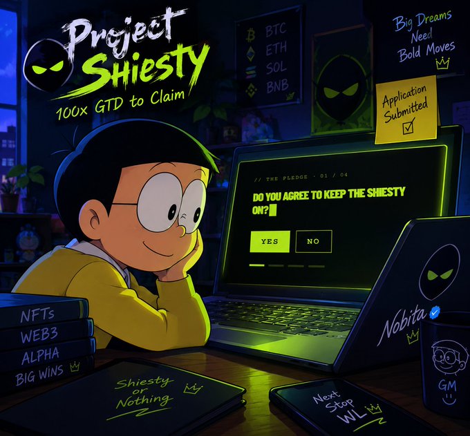 A cartoon character sits at a laptop displaying "Project Shiesty - 100x GTD to Claim" and a pledge asking to keep the shiesty on, surrounded by notes reading "Application Submitted" and "Shiesty or Nothing," visually capturing the post's moment of submitting a whitelist application and waiting for approval.