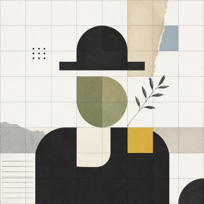 A minimalist abstract portrait featuring a figure in a black hat and coat with a green circular face, holding a botanical sprig, set against a grid background with collage elements and a gray mountain shape, reflecting the "Opepen" digital aesthetic by @itsBubblezzz.