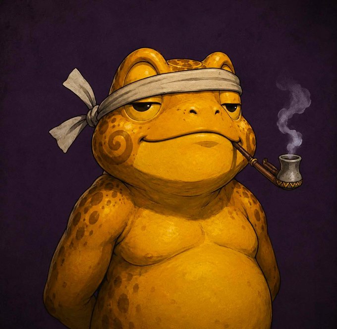 A smug, bandana-wearing toad smokes a pipe with a knowing smirk, embodying the confident "Gtoad" persona waiting for the $JIN token to make its next upward move toward Valhalla.