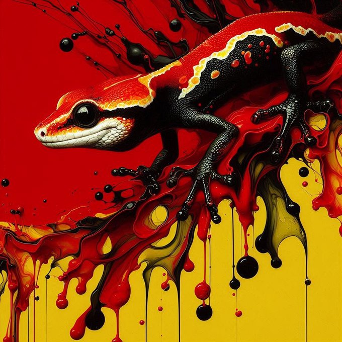 A vibrant digital illustration featuring a red, black, and white gecko perched on dripping, viscous paint against a bold red and yellow background.