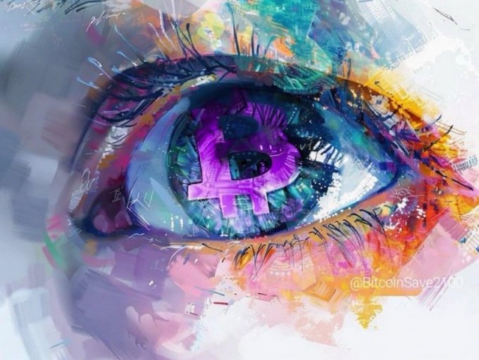 A vibrant digital art illustration of an eye with a purple Bitcoin logo as the iris, watermarked '@BitcoinSave2100'.