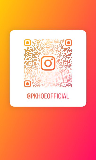 A white card displays an Instagram QR code with orange dots and the handle '@PKHOEOFFICIAL' on a gradient orange and yellow background.