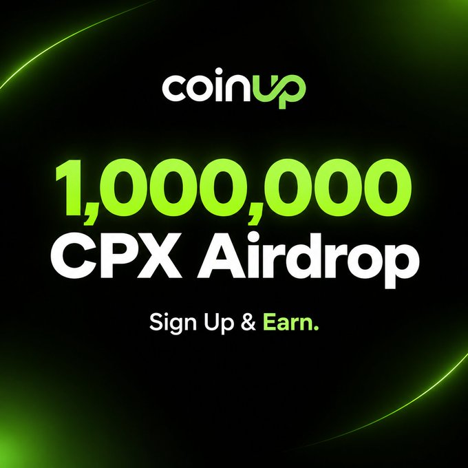 Promotional advertisement for a CoinUp 1,000,000 CPX Airdrop with 'Sign Up & Earn' text on a dark background with green accents.