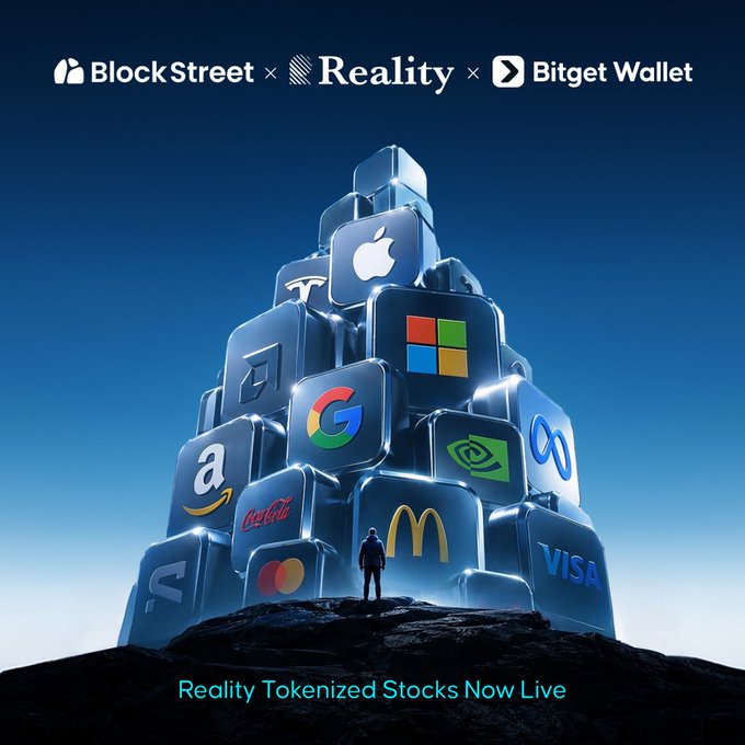 A promotional graphic for 'BlockStreet x Reality x Bitget Wallet' features a towering stack of 3D cubes displaying logos for major companies like Apple, Microsoft, Google, NVIDIA, Amazon, Coca-Cola, McDonald's, and VISA, with a small figure standing at the base. Text at the bottom reads 'Reality Tokenized Stocks Now Live'.
