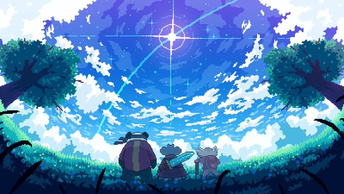A pixel art illustration showing three adventurers with swords and shields looking up at a bright star in a blue sky with clouds.