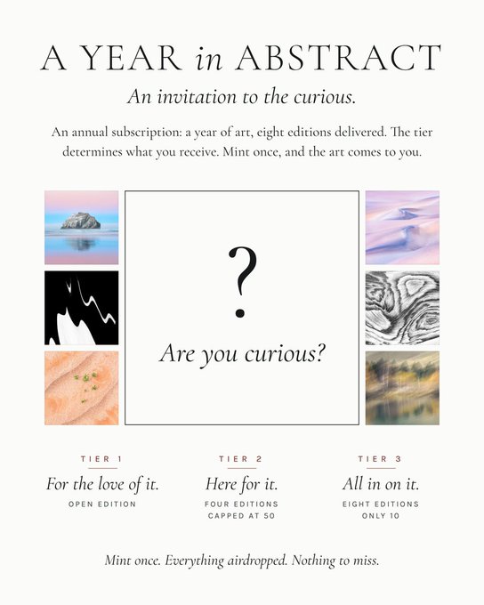 A promotional poster titled "A YEAR in ABSTRACT" inviting viewers to an annual art subscription, displaying small abstract artwork samples and listing pricing for "TIER 1", "TIER 2", and "TIER 3" with the phrase "Are you curious?" in the center.