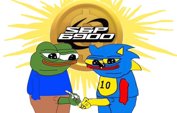 The image features a Pepe frog shaking hands with a blue Sonic-like character, with "SSB 6900" text and a golden coin in the background. The handshake between Pepe and Sonic visually represents the post's message of accumulating both Pepe and Sonic-based meme coins ("HarryPotterObamaSonic10Inu") rather than choosing sides in online squabbles.