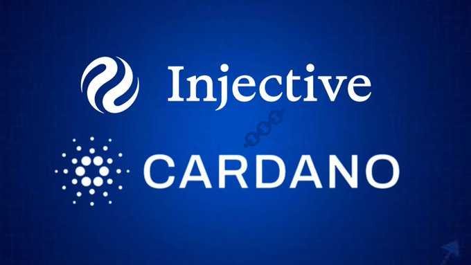 A blue graphic displaying the logos and names 'Injective' and 'CARDANO' side by side.