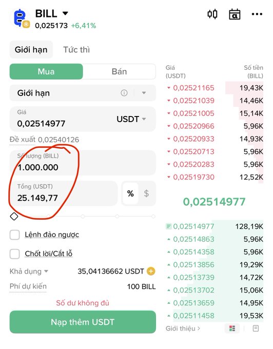 A screenshot of a crypto trading interface shows a limit buy order for 1,000,000 $BILL tokens at 0.02514977 USDT each, totaling 25,149.77 USDT, with the current price up 6.41%. The image illustrates the token's dramatically reduced value, contrasting the poster's nostalgic recollection of when 1 million $BILL was worth billions against its current modest valuation.