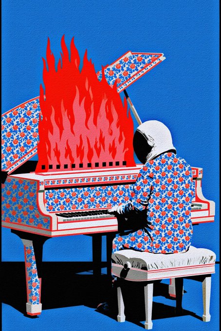 The image features a man sitting at a piano, playing music while a fire burns brightly behind him. The scene has shades of blue throughout, creating an intense atmosphere. The caption for this image reads "day 202" which could be interpreted as the day when the photo was taken or the date on which it was posted.